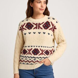 Vintage Womens Fair Isle Knit Sweater Cream Handknit Shetland Wool Size L